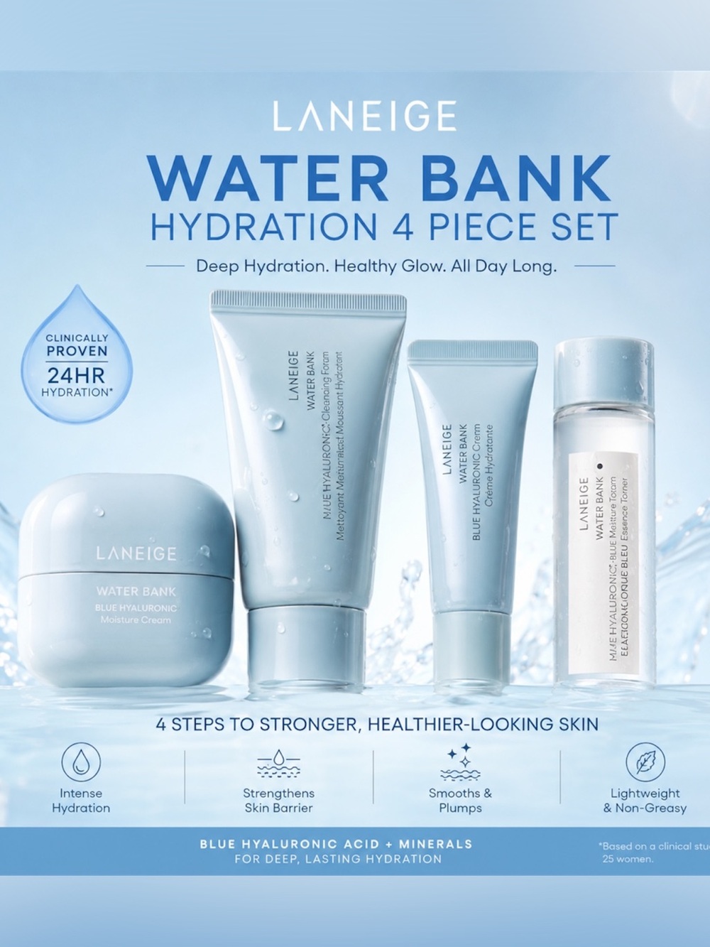 LANEIGE Water Bank Hyaluronic 4‑Piece Hydration Set — Full‑Size Cream Included!